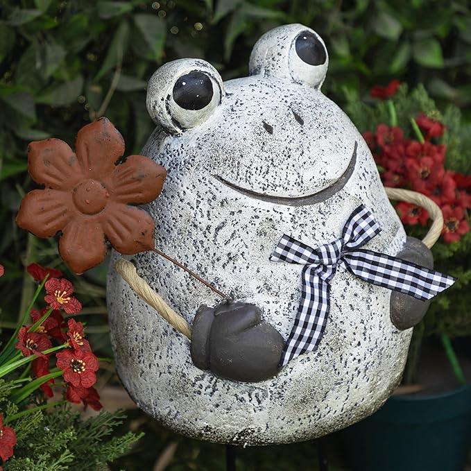Alpine Corporation MCC860 Indoor/Outdoor Frog with Flower Garden Statue, Stone Finish Frog Statue for Yard, 24