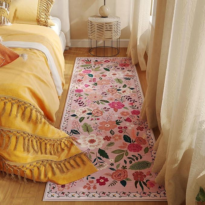 Runner Rug for Hallways Kitchen Rug Non Slip 2'6''x8' Washable Runner Rugs with Rubber Backing Soft Floral Carpet Runner for Hallways, Kitchen, Laundry, Bedroom, Bathroom(Pink)