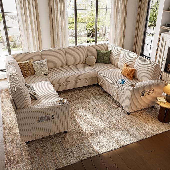 LINSY HOME Sectional Sleeper Sofa with Pull Out Couch Bed - Convertible Plush Corduroy Cloud Couch with Storage Chaise & USB Charging, Comfy Modular Couches for Living Room, Beige
