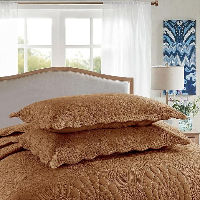 MarCielo 3-Piece 100% Cotton Oversized Bedspread Lightweight Quilt Coverlet Embroidery Farmhouse Bedding Set (Tf Dusty Orange, Oversized Queen (100