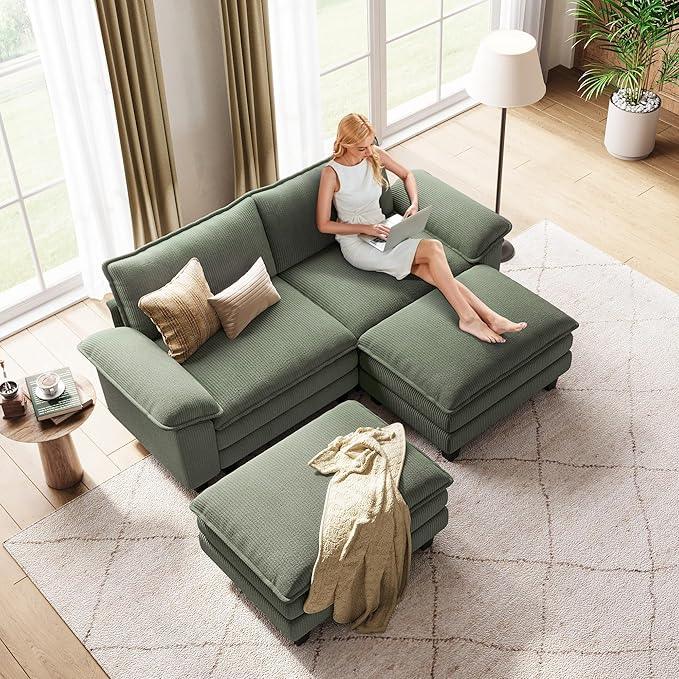 LINSY HOME Modular Sectional Sofa - 90'' Sleeper Sofa Cloud Couch Oversized Corduroy Sofa Bed with Movable Ottoman Soft Modern Comfy Couch for Living Room Apartment Office, Green