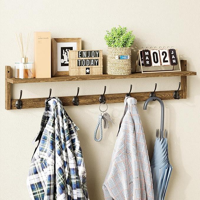 BAMEOS Coat Rack Wall Mount, Large Wooden Coat Hooks with Shelf, 35