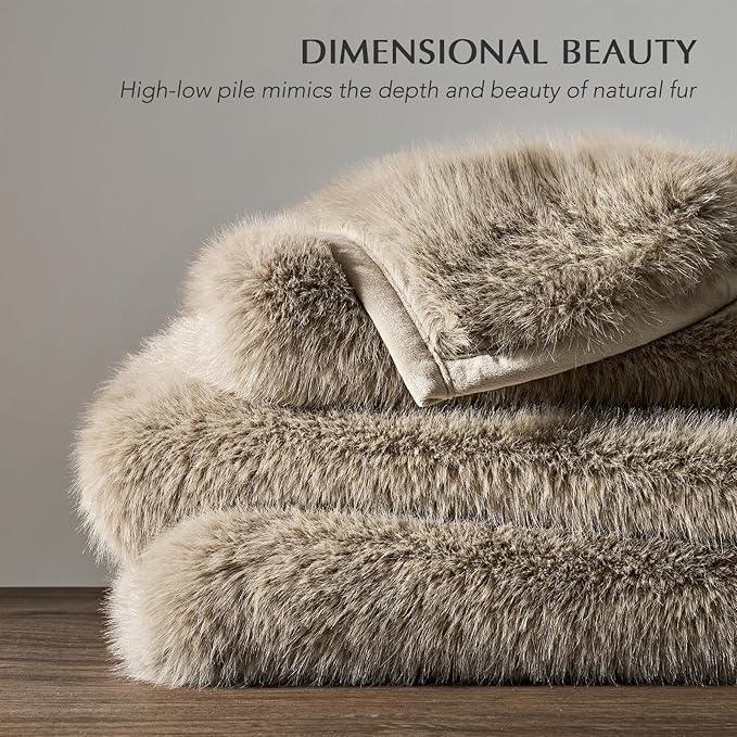 Luxury Faux Fur Throw Blanket, Soft Fluffy Faux Mink Blankets for Bed, Couch, Sofa, Thick Cozy Plush Warm Fur Throws with Reversible Velvet, Natural Mink, 50