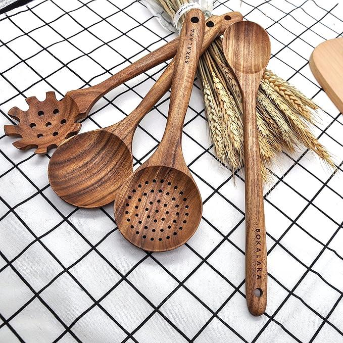 11 Pcs Wooden Kitchen Utensils Set - Wooden Spoons, Spatulas and More for Cooking