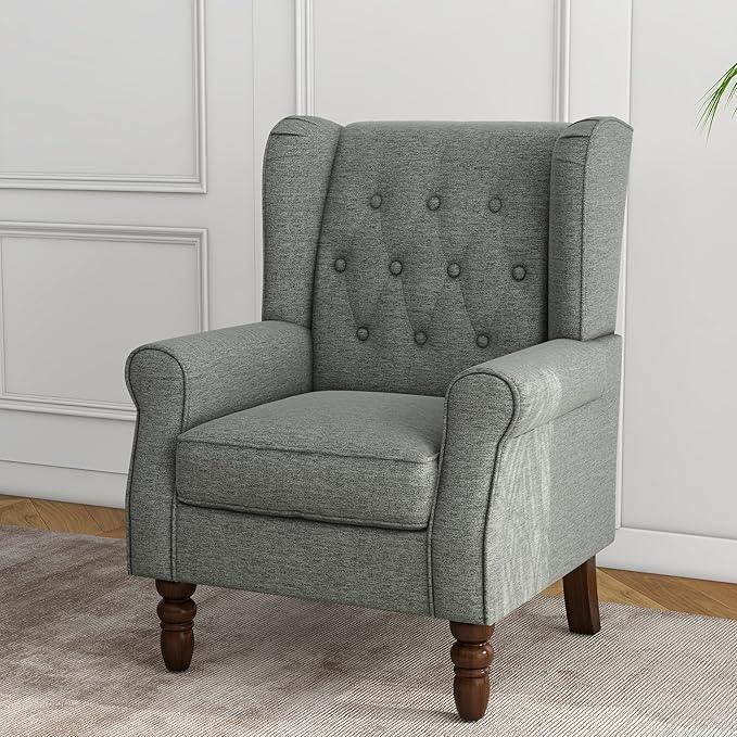 Lumibee High Back Accent Chair,Upholstered Wingback Armchair with Solid Wood Legs for Small Spaces,Comfy Single Sofa Chair for Living Room,Bedroom,Office-Gray