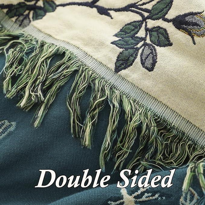 Snycler Boho Throw Blanket for Bed - 100% Cotton Ultra Soft Rustic Quilt Blanket Green Floral Bird Printed Farmhouse Decor Bed Blankets, 80