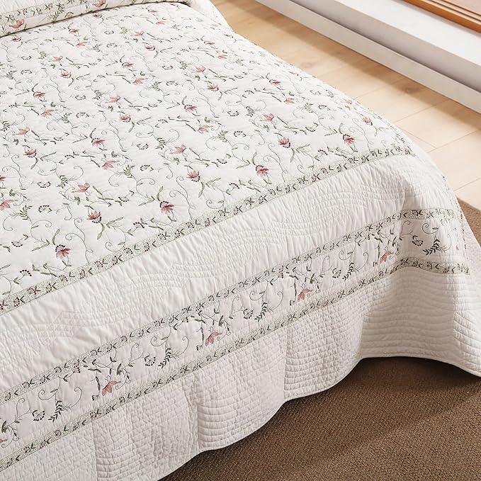 MarCielo 3-Piece 100% Cotton Oversized Bedspread Lightweight Quilt Coverlet Embroidery Farmhouse Bedding Set (TC Soft White,Oversized Queen (100