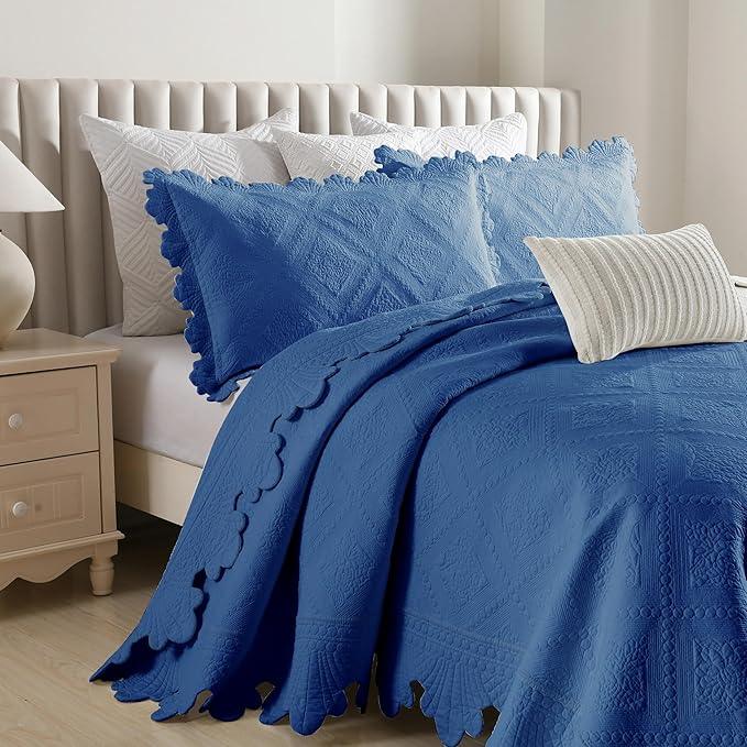 MarCielo 3-Piece 100% Cotton Oversized Bedspread Lightweight Quilt Coverlet Embroidery Farmhouse Bedding Set (Tk Midtone Blue, Oversized Queen (100