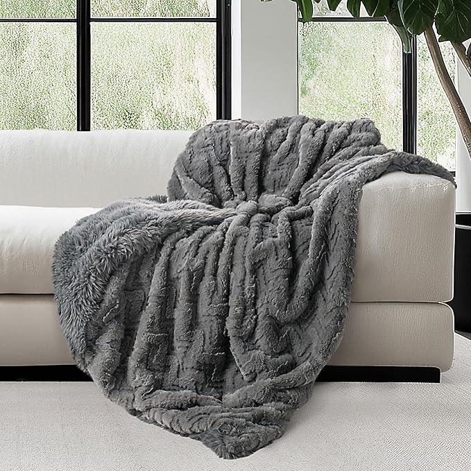 Mon Chateau Grey 3D Jacquard Faux Fur Throw, Plush Luxury Blanket for Couch, Sofa, or Bed, Soft Reversible Throw Blanket for Sleeping, Home & Room Décor, 60