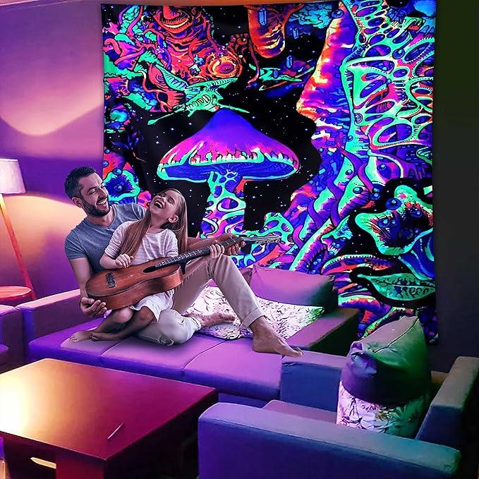 ADDWel Blacklight Mushroom Tapestry, Upright Tapestry Glow In The Dark, UV Reactive Black Light Tapestries Posters Wall Hanging for Backdrop Bedroom Dorm Living Room Decor(70