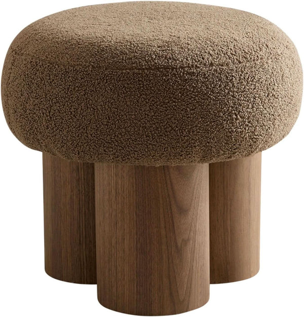 Compact Round Footstool Ottoman Brown Teddy Fabric