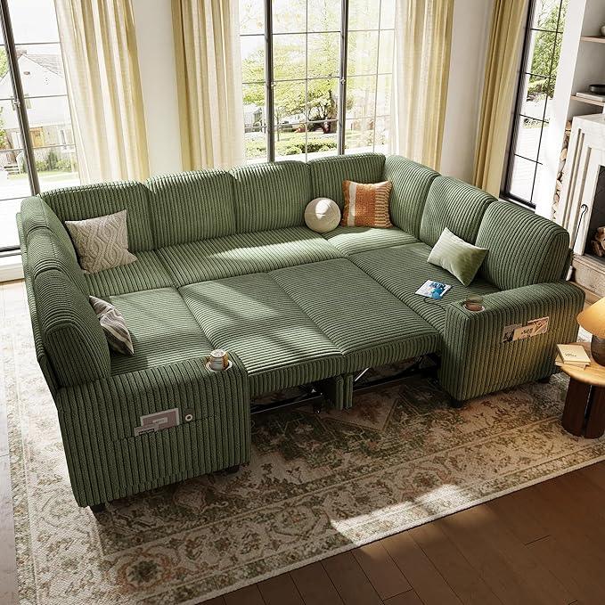 LINSY HOME Sectional Sleeper Sofa with Pull Out Couch Bed - Convertible Plush Corduroy Cloud Couch with Storage Chaise & USB Charging, Comfy Modular Couches for Living Room, Green