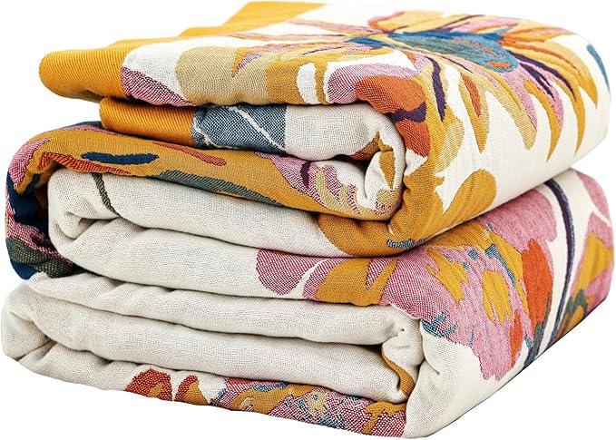 Boho Large Throw Blanket, 100% Organic Cotton Breathable Soft Bed King Throw - Fall Floral Bird Butterfly Farmhouse Decor Blanket for Sofa Couch Chair and Gift. 91