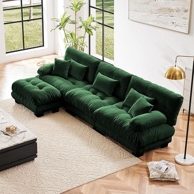 Modular Sectional Sofa, Comfy Cloud Couch 3 Seater Couch with Ottoman, Sectional Couches for Living Room, Modern Chenille L Shaped Couches, Sleeper Deep Seat Sofa with Throw Pillows, Green