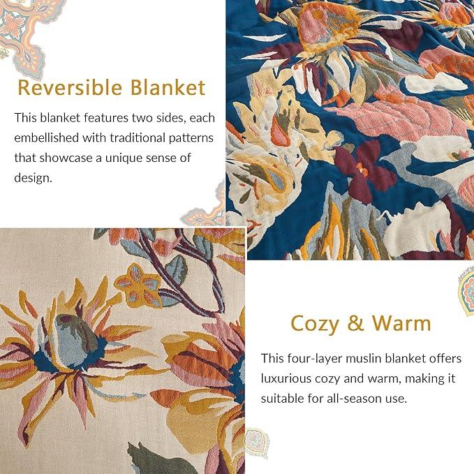 Boho Throw Blanket for Couch Sofa Bed, 100% Cotton Woven Quilt with Tassel 80”x90”, Super Soft Muslin Blanket with Floral Printed, Decorative Reversible Bed Blanket/Cover for All Seasons