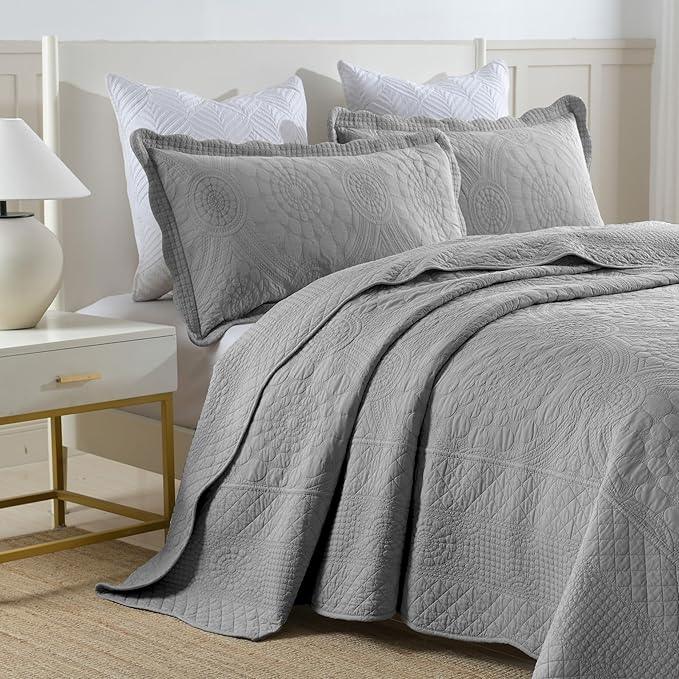 MarCielo 3-Piece 100% Cotton Oversized Bedspread Lightweight Quilt Coverlet Embroidery Farmhouse Bedding Set (Tf Light Grey, Oversized Queen (100