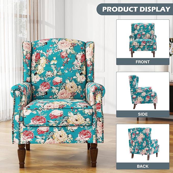 UIXE High Back Floral Accent Chair, Upholstered Armchair in Fabric, Retro Printed Wingback Arm Chair for Living Room, Nailhead Trim Single Sofa Bedroom Reading Seat - Peacock Blue