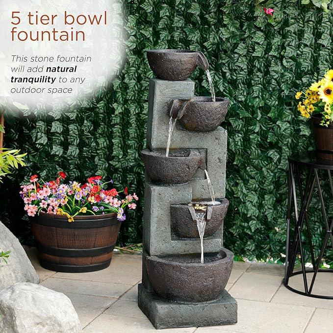 Alpine Corporation TZL390 Elegant Outdoor 5 Tier Bowls Waterfall Fountain with LED Lights for Garden, Patio, Yard, and Outdoor Spaces, Relaxing Cascading Fountain, 39