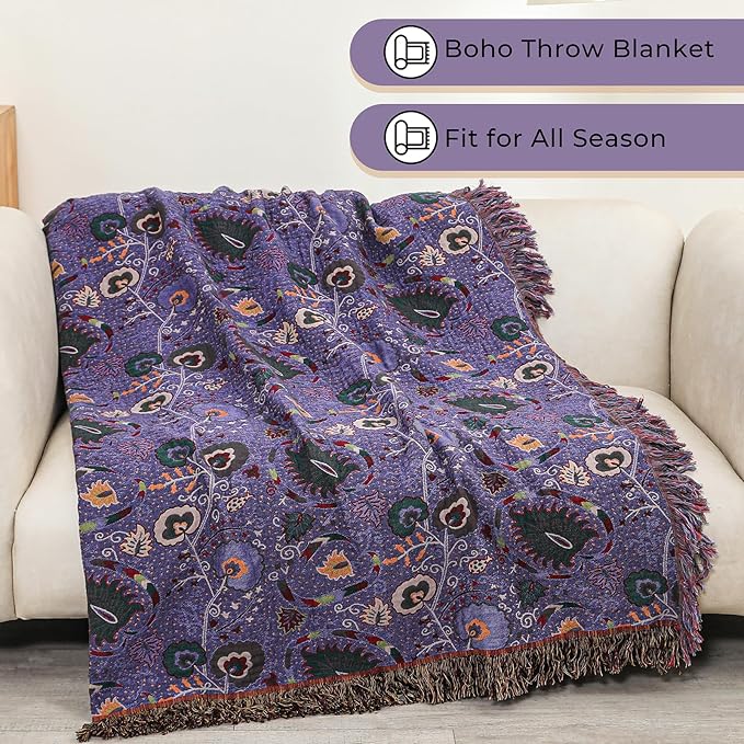 Boho Throw Blanket for Bed,100% Ultra Cotton Soft Breathable Bed Throw Floral Printed Farmhouse Decor Rustic Bed Throws for Couch Sofa Quilt Purple Flowers 60