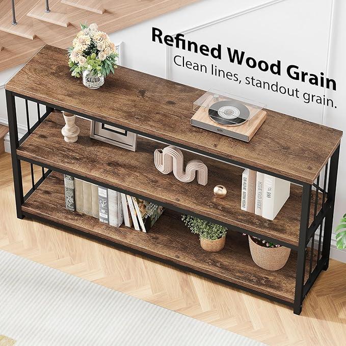 LVB Rustic Entryway Table, Industrial Extra Long Hallway Sofa Table, Wood Metal Narrow Console Table with Storage Shelf, Modern Skinny Couch Table for Foyer Living Room Bedroom, Rustic Brown, 70 Inch