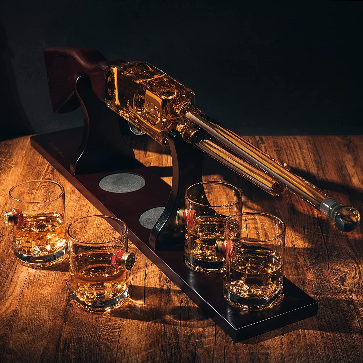 Shotgun Rifle Wine & Whiskey Decanter Set 20oz with Bullet Glasses by The Wine Savant - Firearm Shooting Gun Gifts for Men Veterans, Military, Home Bar, Law Enforcement 30