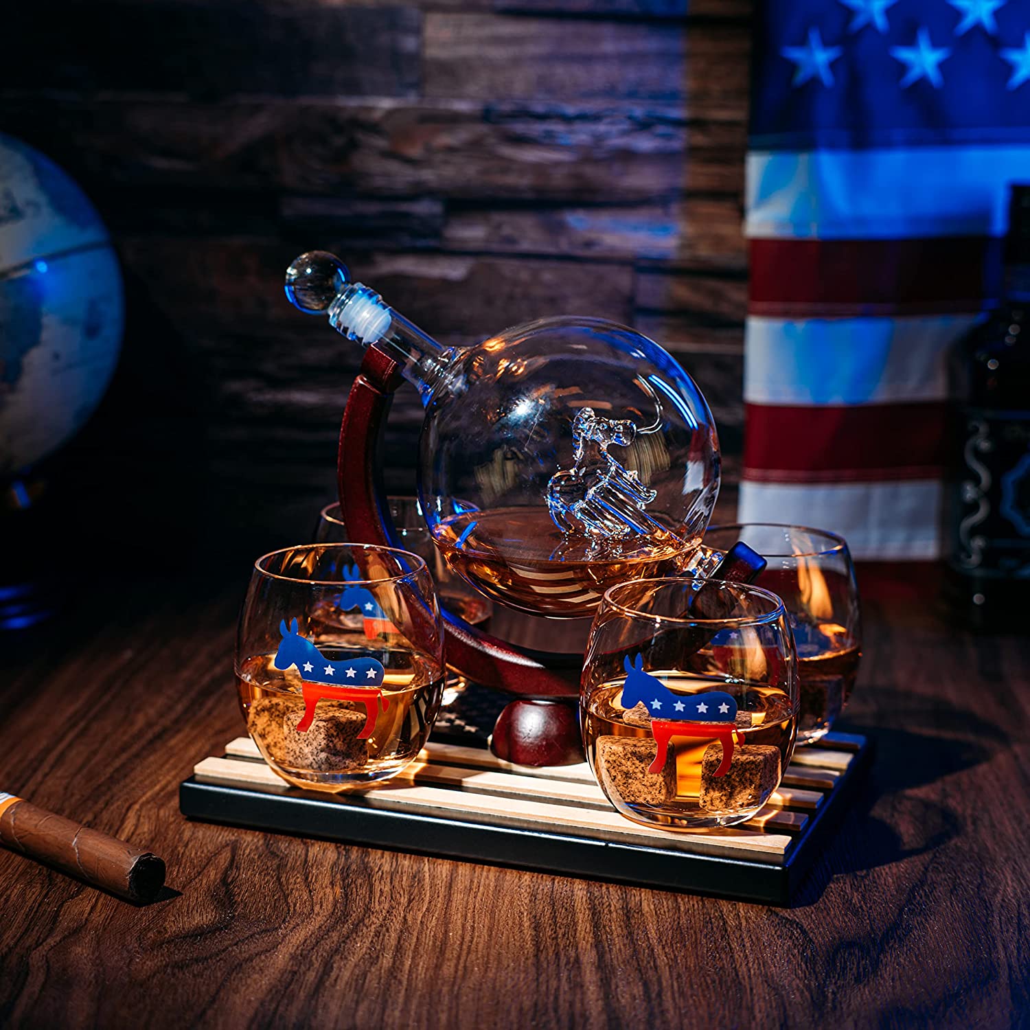Democratic Party Wine & Whiskey Decanter Set, Proud Democrat Vote Blue Election Decor, Washington DC Politics Gift, 750ml With US Flag and 4 Glasses - Donkey Logo, DNC Gifts, Senate, House & President