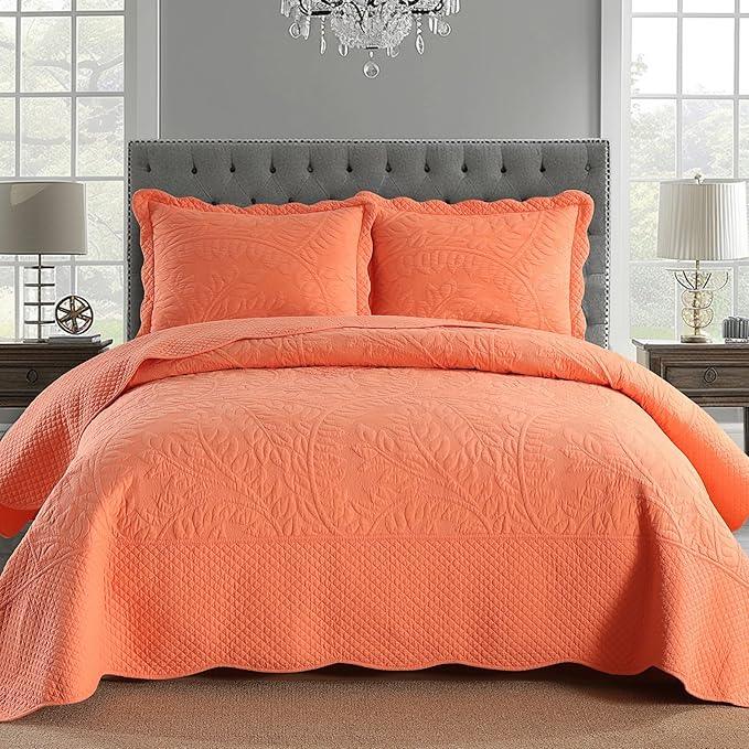 MarCielo 3-Piece 100% Cotton Oversized Bedspread Lightweight Quilt Coverlet Embroidery Farmhouse Bedding Set T0 (Salmon, Oversized Queen (100