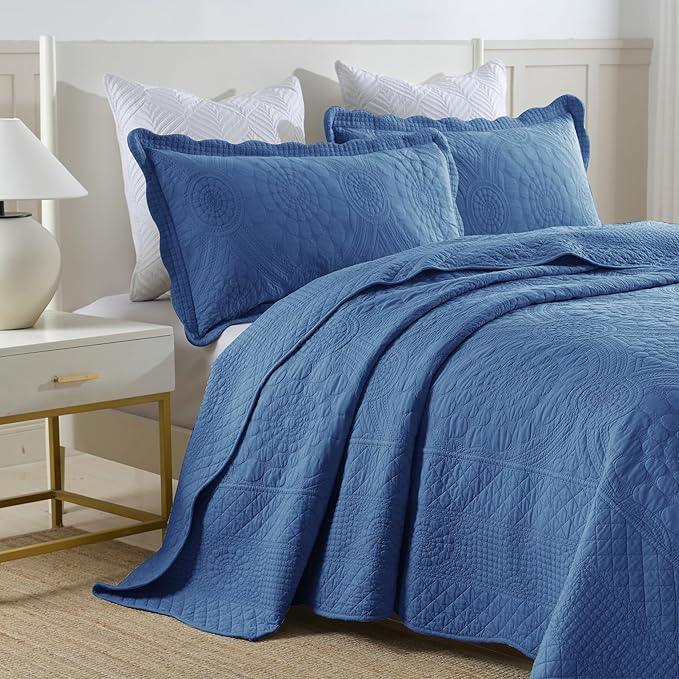 MarCielo 3-Piece 100% Cotton Oversized Bedspread Lightweight Quilt Coverlet Embroidery Farmhouse Bedding Set (Tf Midtone Blue, Oversized Queen (100