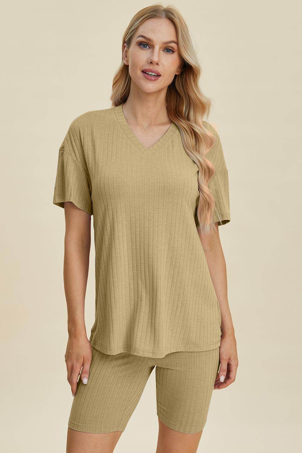 Basic Bae Full Size Ribbed V-Neck Top and Shorts Set For Women