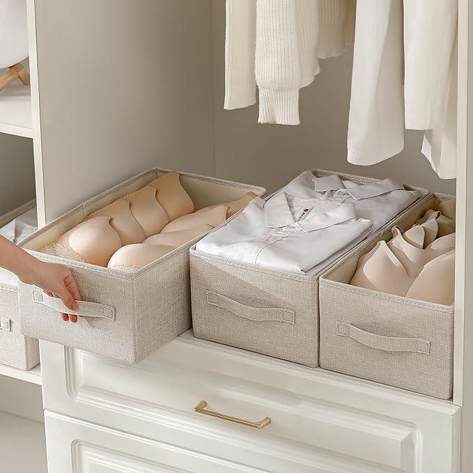 Linen Folding Storage Bins, 3 Pack Large Storage Baskets, Washable, Clothing Storage Bins with Handle, Closet Organizer for Storage Sweater,Sheets (Beige, 16