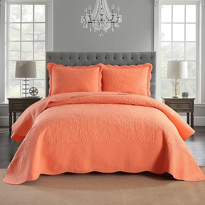 MarCielo 3-Piece 100% Cotton Oversized Bedspread Lightweight Quilt Coverlet Embroidery Farmhouse Bedding Set T0 (Salmon, Oversized Queen (100