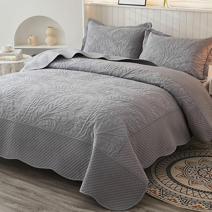 MarCielo 3-Piece 100% Cotton Oversized Bedspread Lightweight Quilt Coverlet Embroidery Farmhouse Bedding Set T0 (Light Grey, Oversized Queen (100