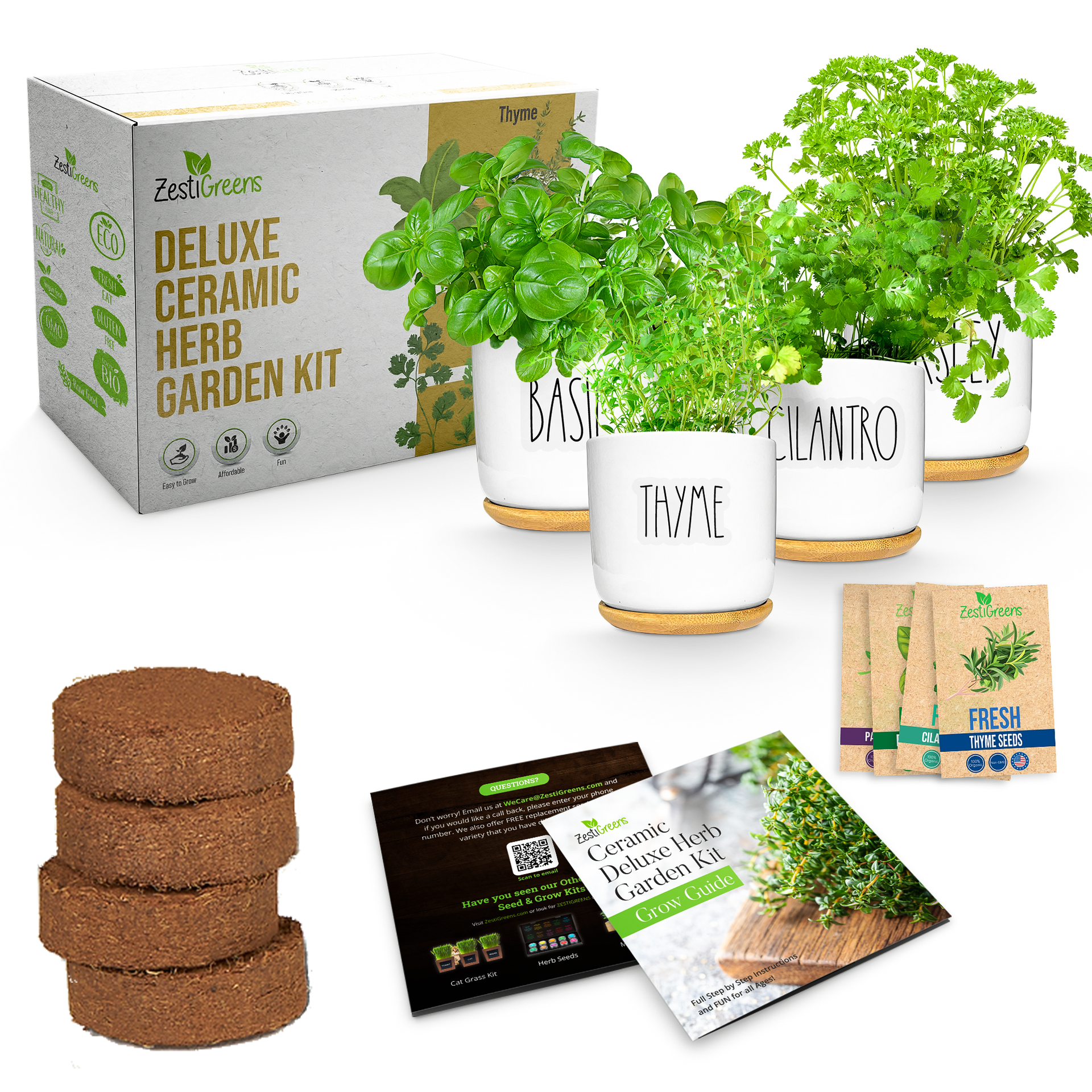 Ceramic Herb Kit – Indoor Herb Garden Starter Set With White Pots & Soil Discs