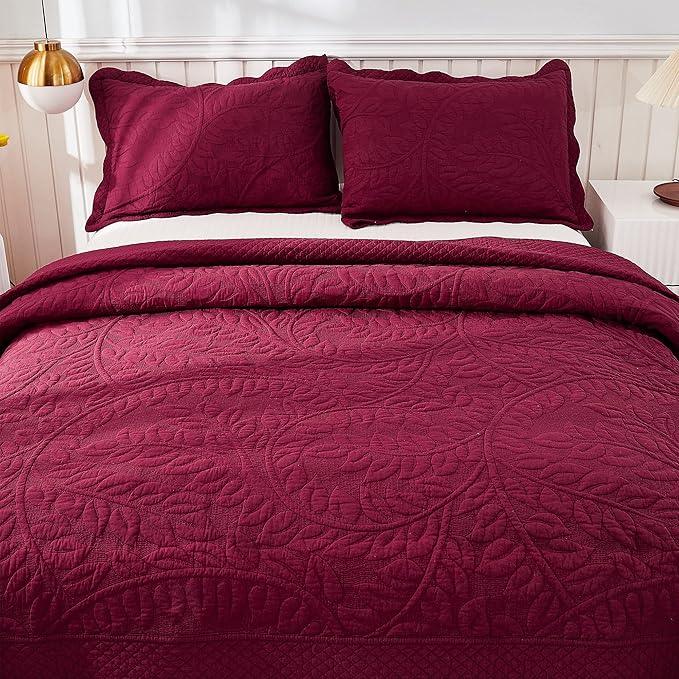 MarCielo 3-Piece 100% Cotton Oversized Bedspread Lightweight Quilt Coverlet Embroidery Farmhouse Bedding Set T0 (Wine Burgundy, Oversized King (118