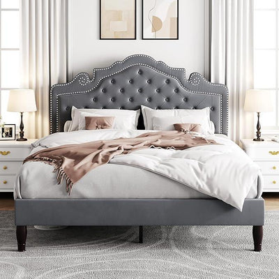 Allewie Queen Size Bed Frame with Adjustable Velvet Tiara Headboard, Upholstered Diamond Button Tufted Platform Bed, Wood Slats Support, No Box Spring Needed, Light Grey