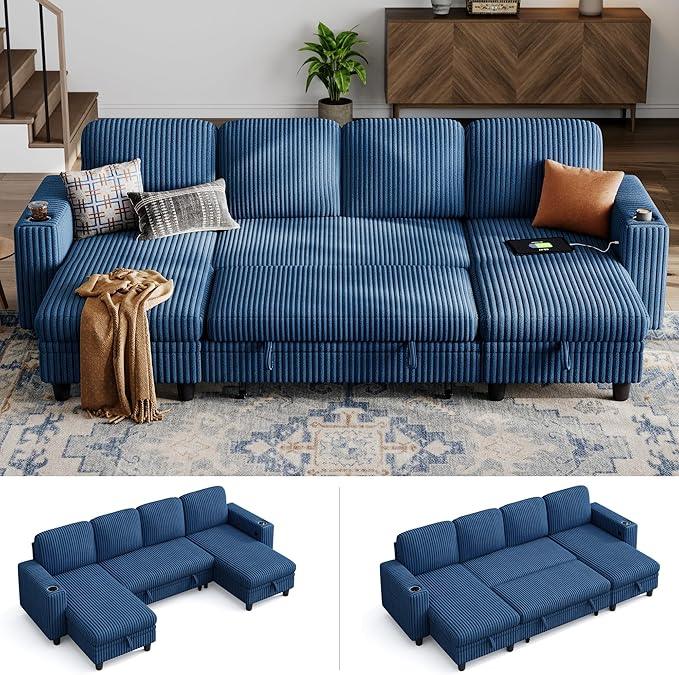 LINSY HOME Sectional Sleeper Sofa with Pull Out Couch Bed - Convertible Plush Corduroy Cloud Couch with Storage Chaise & USB Charging, Comfy U Shaped Modular Couches for Living Room, Blue