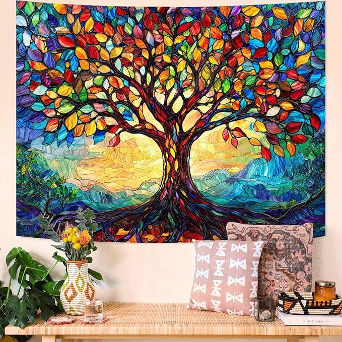 Lunerfex Tree of Life Tapestry Stained Glass Tapestry Wall Decor Tapestries for Bedroom Art Tapestries Wall Hanging for Bedroom Living Room Glass-Tree-01 60