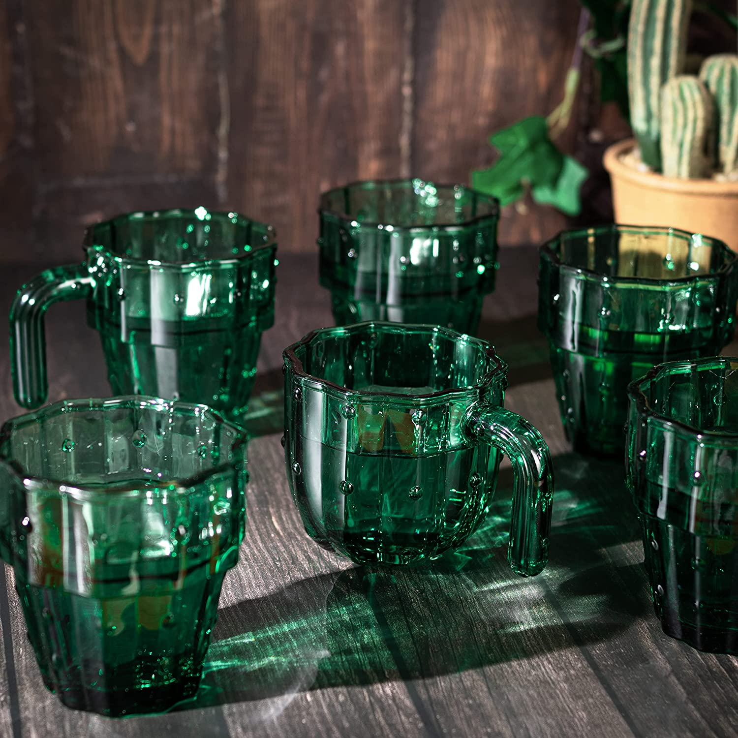 Cactus Stackable Glasses, Stacktus Gifts, Set of 6-10 oz Cactus Shape Glasses With Handles Green Glass Blown Figurines Plant Decorations for Parties 3.5