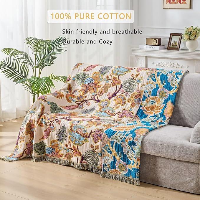100% Muslin Throw Blanket for Couch, Butterfly and Floral Double Embroidery Fall Throw Blanket 60