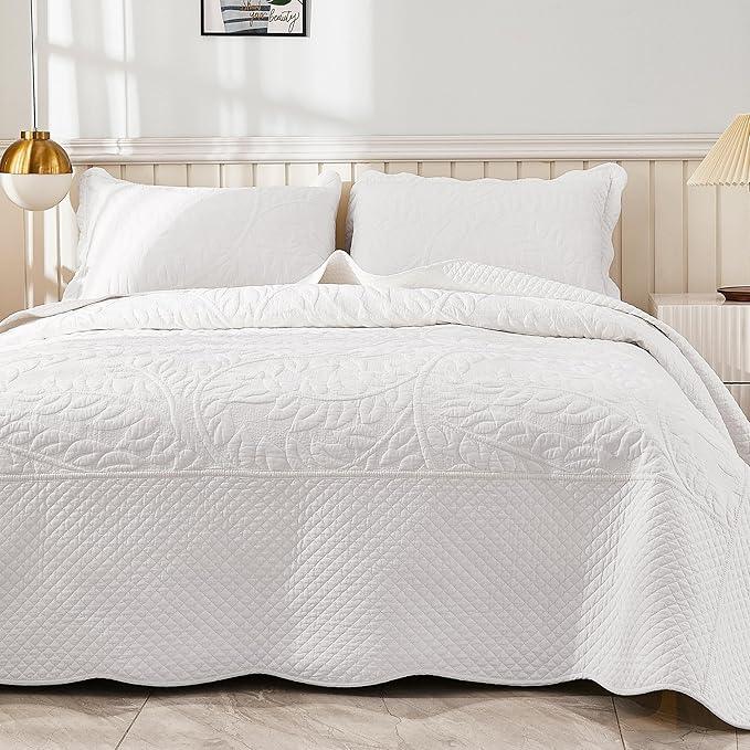 MarCielo 3-Piece 100% Cotton Oversized Bedspread Lightweight Quilt Coverlet Embroidery Farmhouse Bedding Set T0 (Bright White, Oversized Queen (100