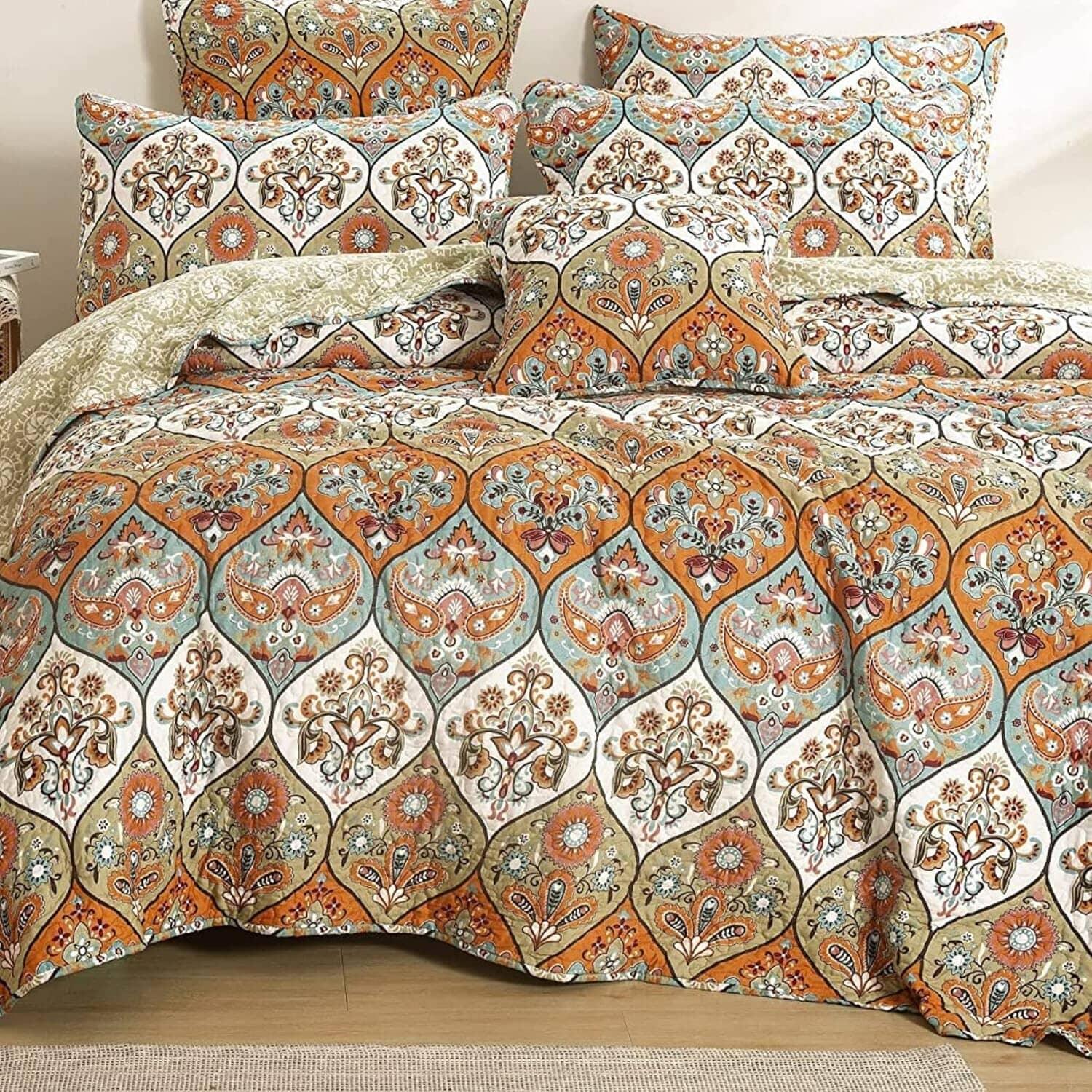 DaDa Bedding Bohemian Floral Paisley Garden Coral Teal Quilted Bedspread Set (LH1403)