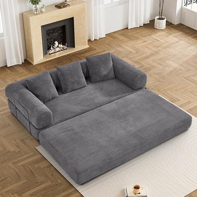 Convertible Sleeper Sofa Bed with Pillow, 4-in-1 Corduroy Folding Mattress Couch with Fixed-Shape Frame, Futon Fold Out Floor Sofa Cama Lounge Couch for Living Room Bedroom Studio, Grey