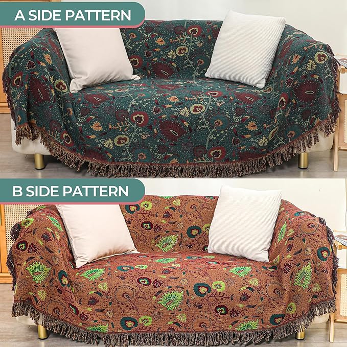 Boho Throw Blanket for Bed,100% Ultra Cotton Soft Breathable Bed Throw Floral Printed Farmhouse Decor Rustic Bed Throws for Couch Sofa Quilt 60