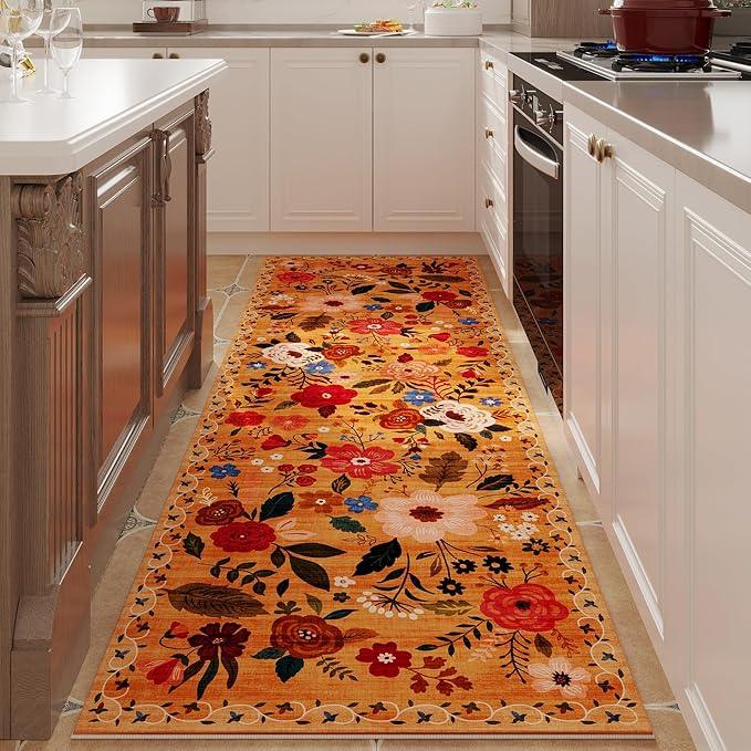 Runner Rug for Kitchen Rug Non Slip 2'x 6' Washable Rugs with Rubber Backing Soft Floral Carpet Runner for Hallways, Kitchen, Laundry, Bedroom, Bathroom(Yellow)