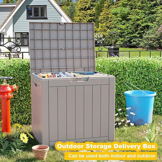 36 Gallon Outdoor Deck Box,Storage Lockable Waterproof Patio Furniture,Garden Tools,Cushions,Pool Accessories Outside Storage Resin Box(Grey)