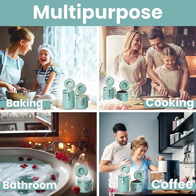 Home Intuition 4-Piece Ceramic Kitchen Canisters Set, Airtight Containers with Wooden Spoons Reusable Chalk Labels and Marker for Sugar, Coffee, Flour, Tea (Turquoise)
