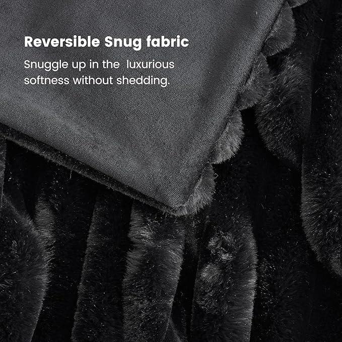 Cozy Bliss Faux Fur Throw Blanket for Couch, Cozy Warm Plush Striped Blanket for Sofa Bedroom Living Room,50 * 60 Inches Black