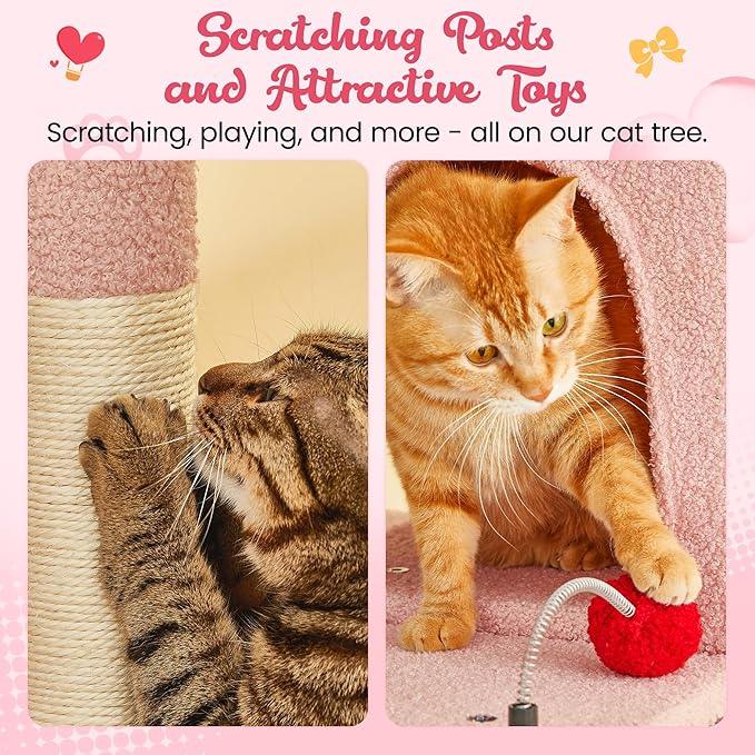 MWPO Cute Cat Tree, 70.1-Inch Tall Pink Cat Tower for Indoor Cats Large Adult, Multi-Level Cat Condo with 5 Scratching Posts, 2 Padded Perches, Hammock, Dangling Toys