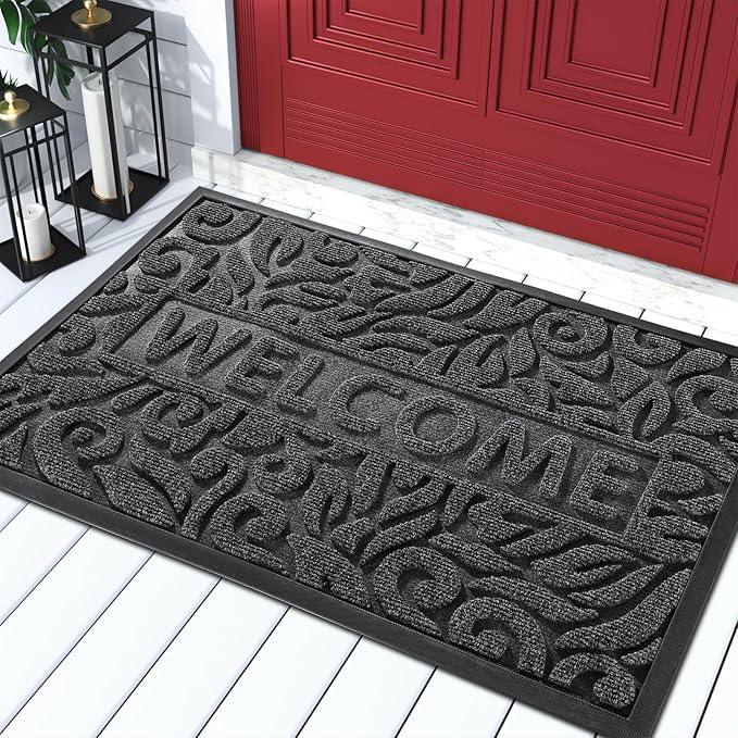 Yimobra Welcome Door Mat Outdoor Indoor, Non Slip Front Doormats, Heavy Duty Rubber Backing, Low-Profile Entrance Mat, Absorbent Resist Dirt, Easy Clean Patio Garage Floor Mats, 29.5 x 17, Grey