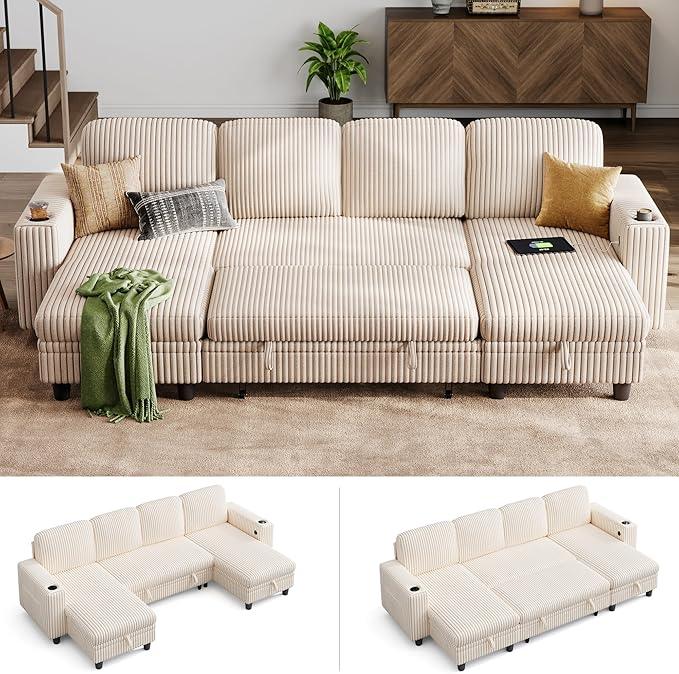 LINSY HOME Sectional Sleeper Sofa with Pull Out Couch Bed - Convertible Plush Corduroy Cloud Couch with Storage Chaise & USB Charging, Comfy U Shaped Modular Couches for Living Room, Beige